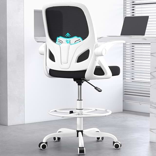 Kensaker Drafting Chair Tall Office Chair for Standing Desk, Adjustable Tall Desk Chair with Footrest Ring and Lumbar Support, Executive Ergonomic Computer Chair with Flip-up Armrests White K255-S
