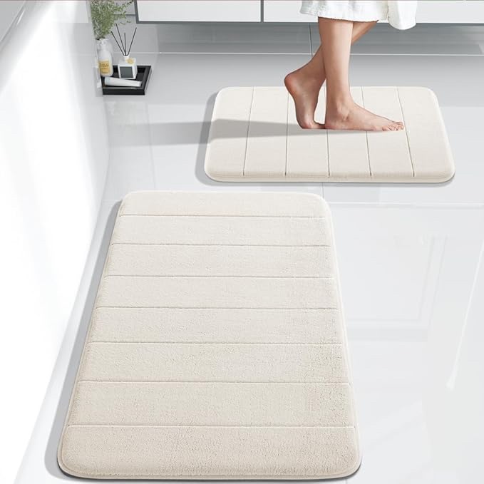 Soft Absorbent Memory Foam Bath Mats Set, Dry Fast Bath Mat, Machine Washable Bath Rug Set for Bathroom, 17x24+31.5x19.8 Inches, Cream Whit
