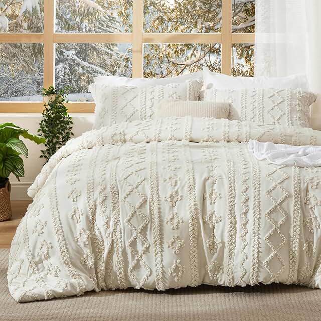 Bedsure Tufted Boho Comforter Set Full - Beige Boho Bedding Comforter Set, 3 Pieces Farmhouse Shabby Chic Embroidery Bed Set, Soft Jacquard Comforter for All Seasons