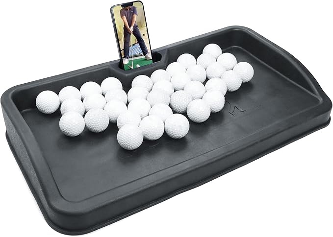Heavy Duty Rubber Golf Ball Tray - with Cell Phone Holder Record Golf Swing - 100 Ball Capacity - High Impact Golf Tray Compatible with All Hitting Mats