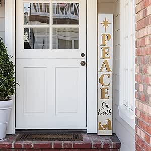 Glitzhome 60"H Christmas Blessing "Peace on Earth", Wooden Christmas Decorative Display Plaques for Porch Decorations, Xmas Hanging or Leaning Against Wall Sign for Front Door, Nativity Family Pattern