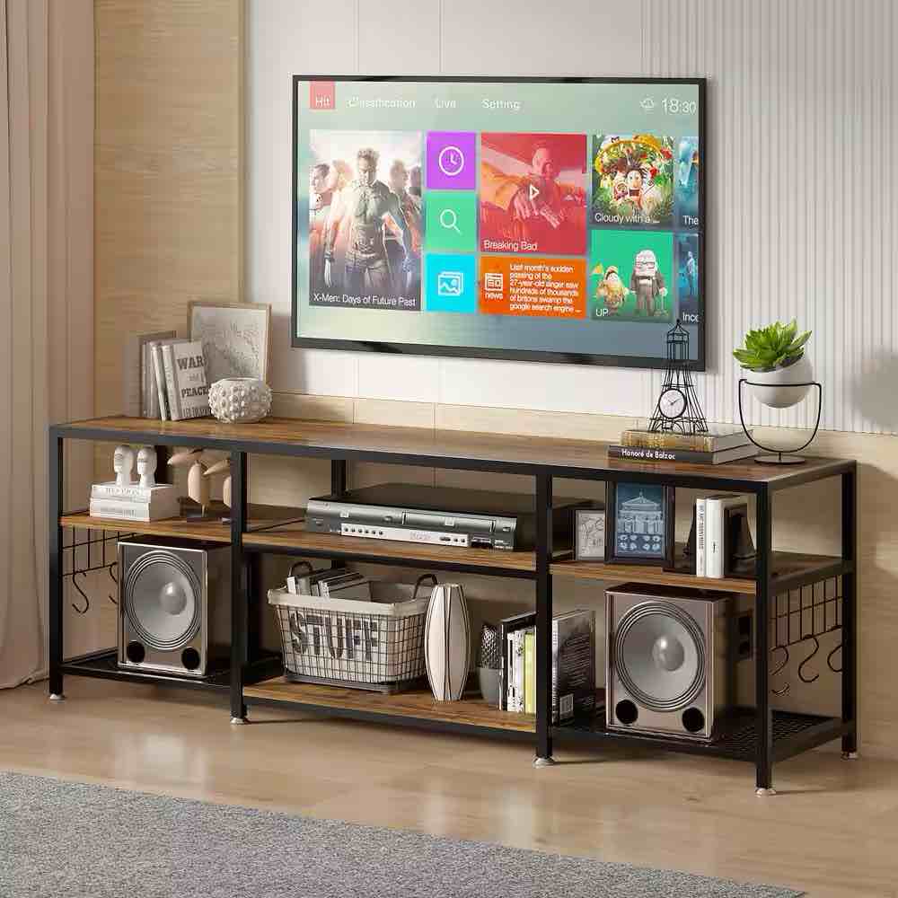 VECELO Industrial Entertainment Center for TVs up to 75 in. Large TV Console and TV Cabinet With 6-Hooks, Brown