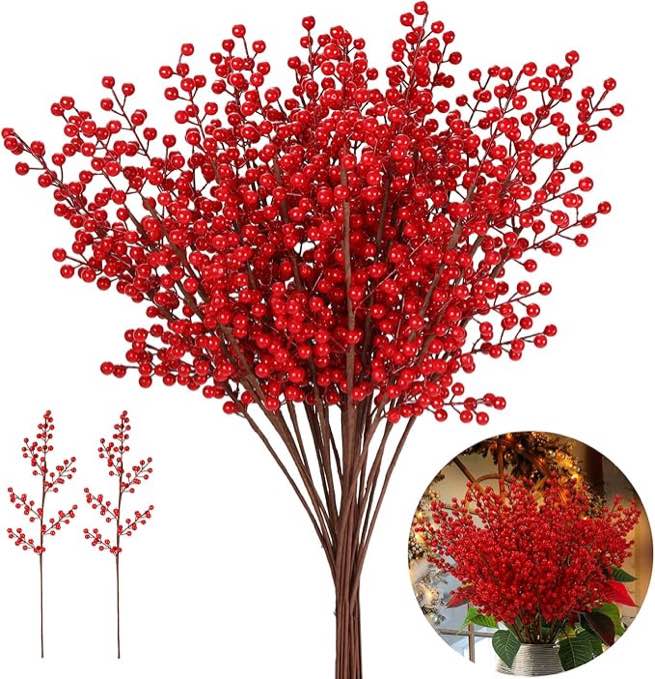 Redbaker 24 Pcs 26Inch Artificial Berry Stem Christmas Long Red Berry Picks Frosted Holly Berry Branches Fake Berry Picks for Holiday Christmas Tree Home Decor and Crafts (Simple Style)
