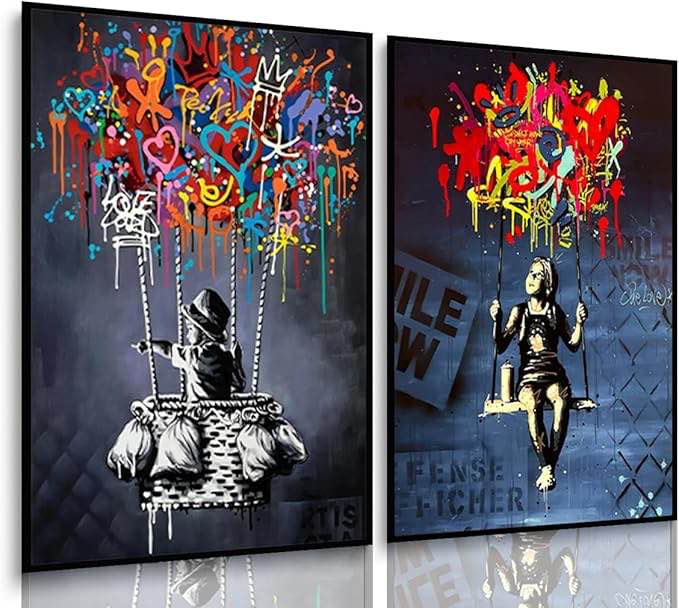 2Pcs Banksy Graffiti Wall Art Kids Balloon Street Posters Prints Painting Funny Abstract Colorful Canvas Wall Decor Pictures for Living Room Bedroom Bathroom Decoration Unframed
