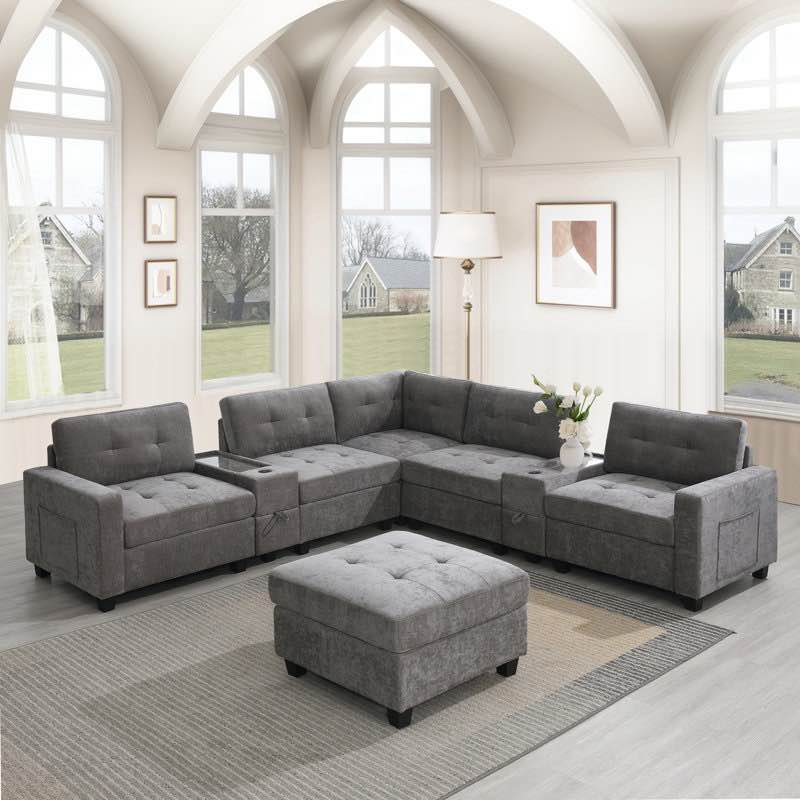 (incomplete) 104" Chenille Tufted Upholstered Sectional with a Movable Ottoman and 2 Multifunctional Consoles (Legs Only)