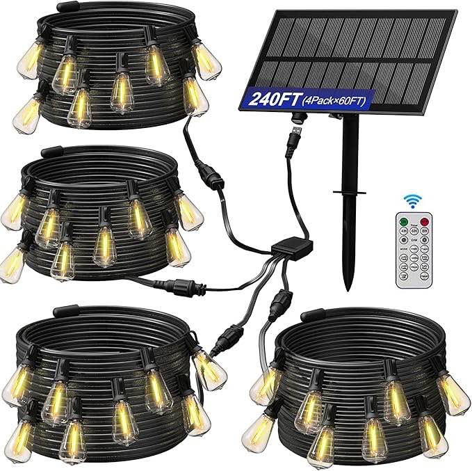 Stright Solar Powered String Light 240FT with Remote Control 8 Light Modes, Weatherproof Shatterproof ST38 LED Bulb, Total 60 Sockets, 1 to 4 Splitter cord String Lights (End to End 60FT, Total 240FT)