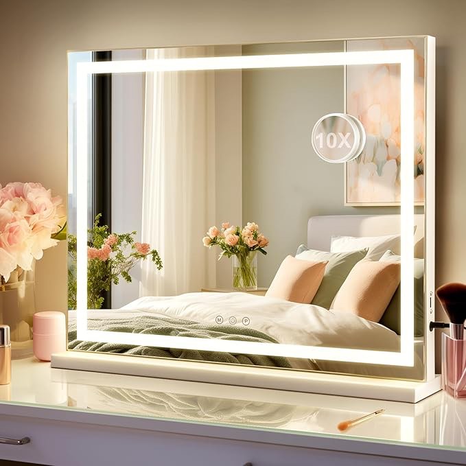 Hollywood Vanity Mirror with Lights 23 x 19 Large Vanity Mirror 10X Magnifying Compact Mirror 3 Colors Modes Touch Control Mirror with Lights