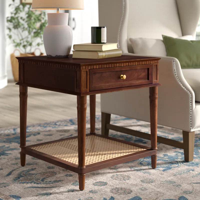 Ayleena Solid Wood End Table with Drawer and Woven Cane Storage Shelf