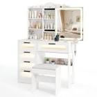 Modern Vanity Desk With Sliding Mirror & Lights Stool 5 Drawers Hooks Open Storage