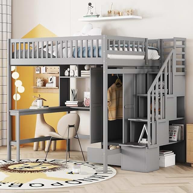 Gonul Wooden Loft Bed With Built-In Desk, Wardrobe and Drawer