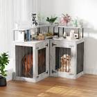 Double Dog Crate Furniture, Large Corner Dog Crate Furniture For 2 Dogs With Room Divider And Shelves, Wooden Dog Kennel