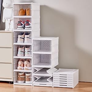 NATGIFT Foldable Shoe Rack Clear Collapsible Storage Box Size up to 17, Free Standing Bins Stackable Plastic Tote with Lids Organizing Installation Free Dustproof 6 Layers