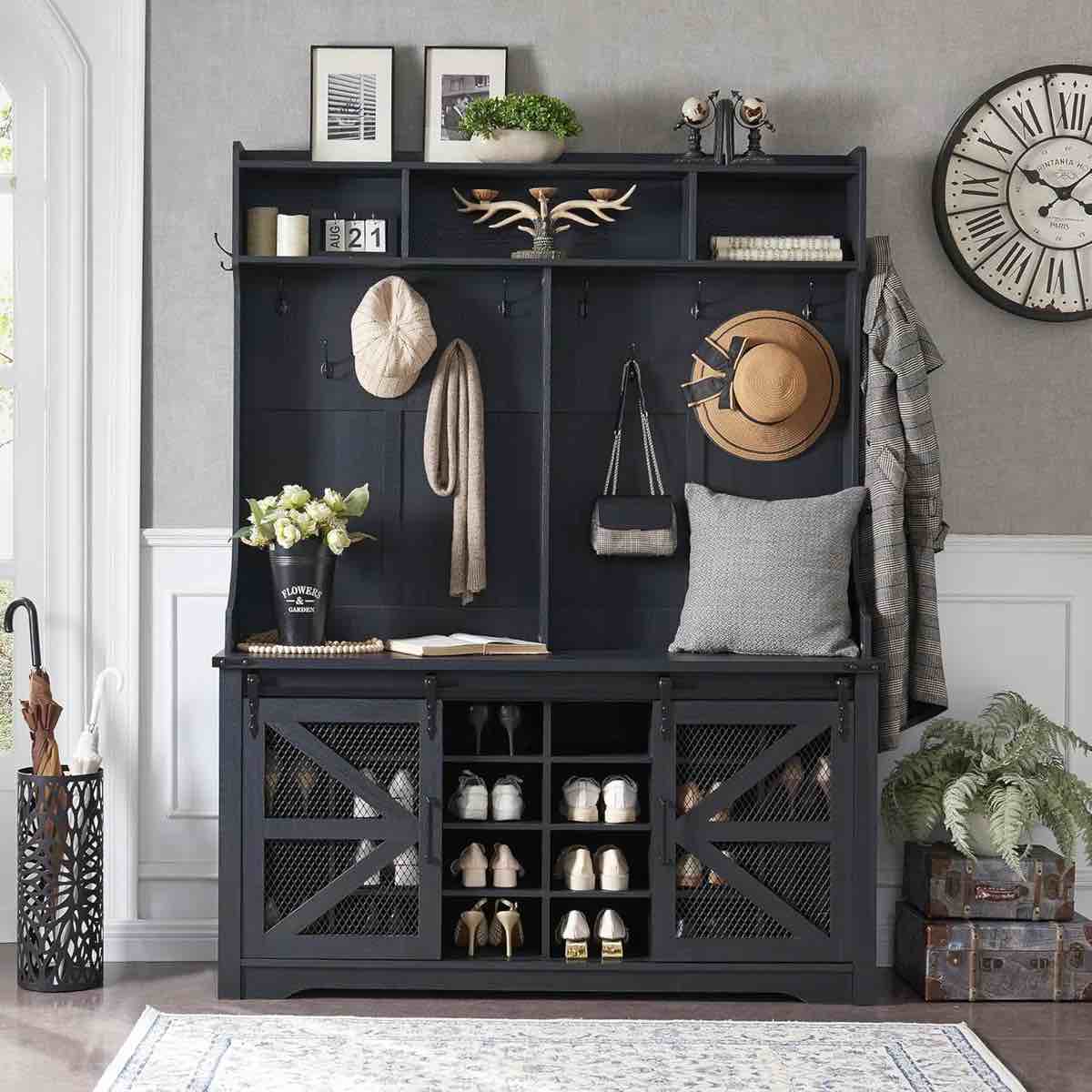 Krischan 59" Wide Farmhouse Hall Tree With Bench, Open Storage And Shoe Storage