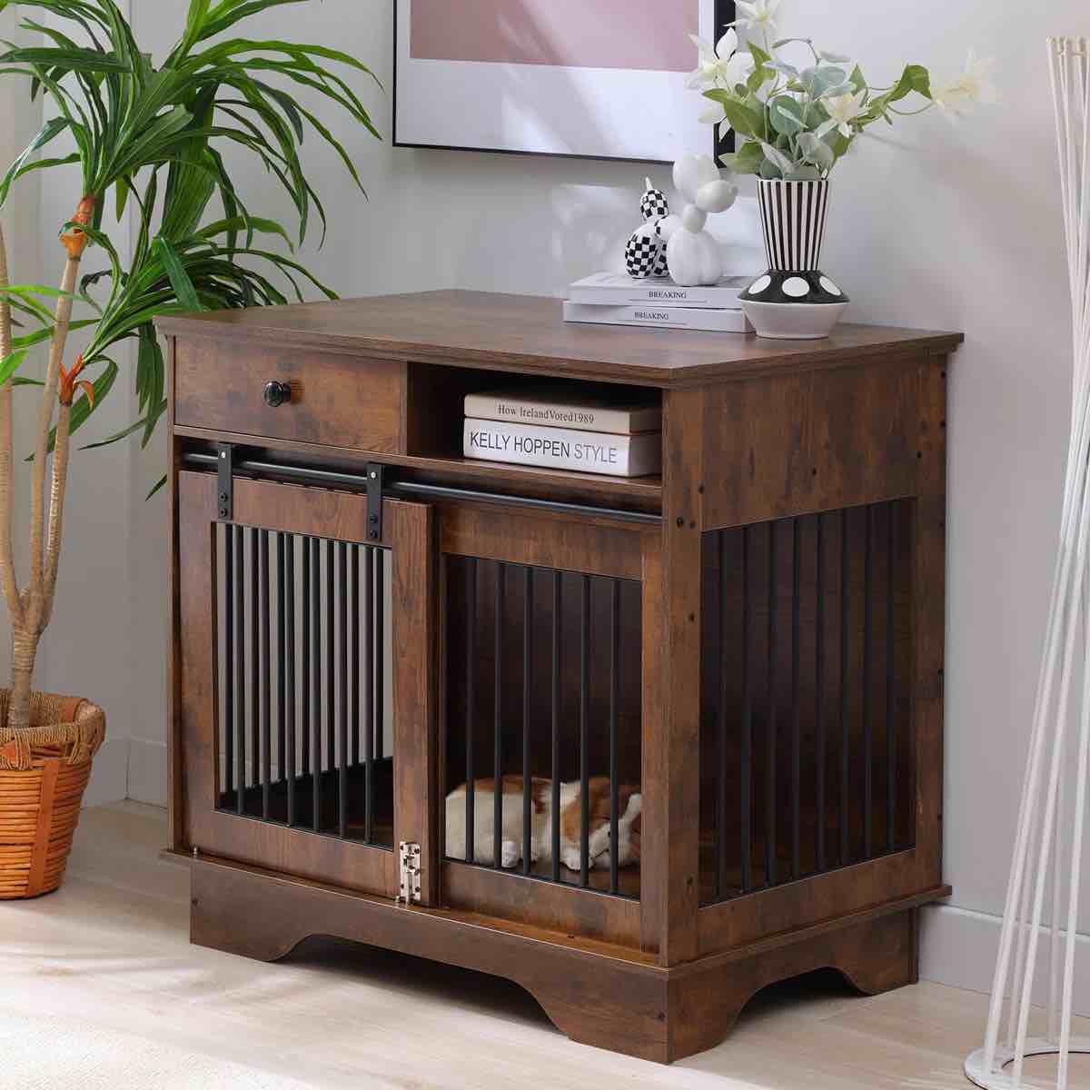 Dog Furniture - 3-in-1 Side Table Kennel with Silent Sliding Doors & Hidden Storage, Solid Pine Wood Crate for Small Dogs (Brown/Grey)