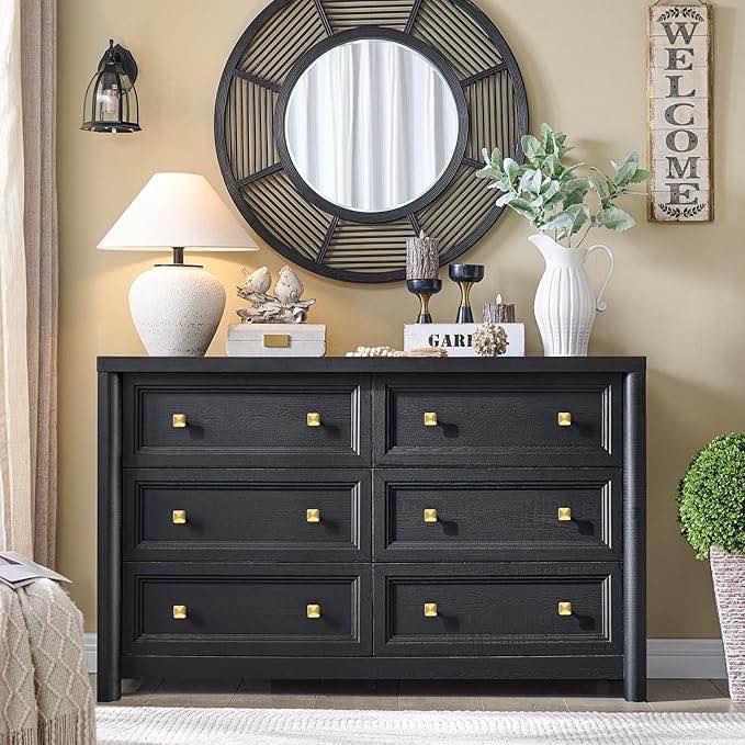 (2/2) Black Finish 6-Drawer Dresser Top & Bottom & Back Panel & Drawer