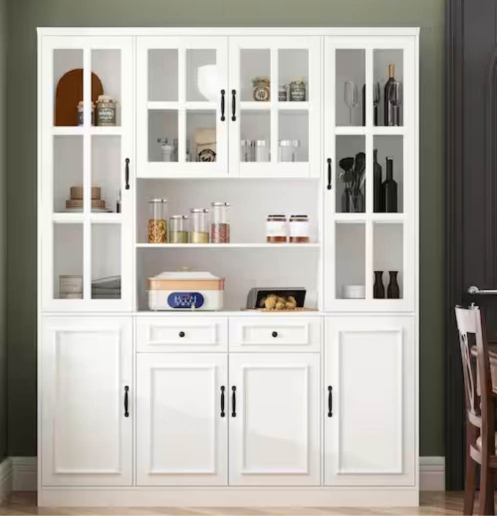 INCOMPLETE * missing  box 1*White Wood 63 in. W Buffet and Hutch Kitchen Cabinet With Glass Doors, 2-Drawers, Adjustable Shelves