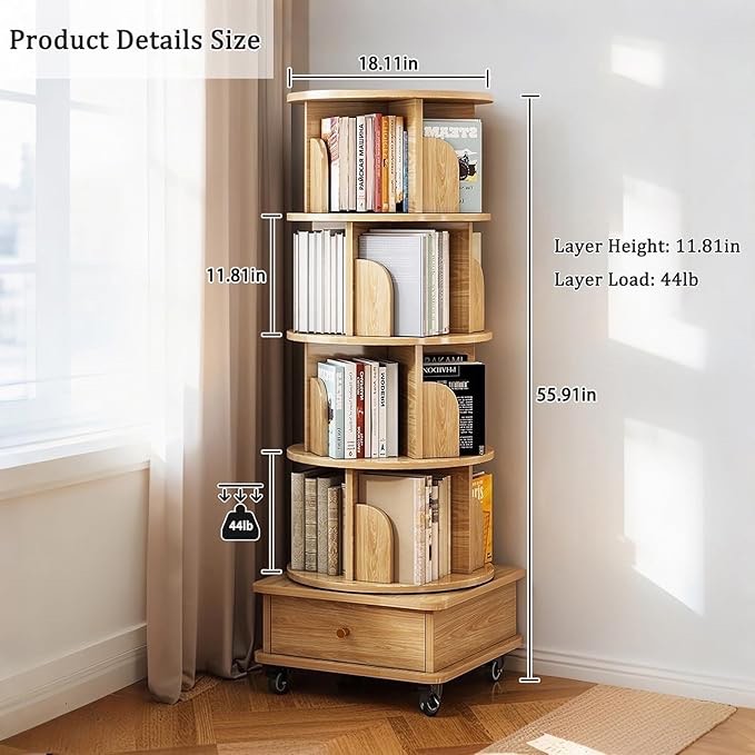 5 Tier Rotating Bookshelf, 360° Display Round Spinning Bookshelf with Wheels, Space-Saving, Small Space Rotating Bookshelf Tower for Bedroom