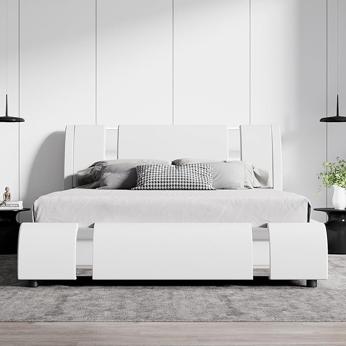 similar to stock photo *SHA CERLIN Queen Platform Bed Frame with Iron Pieces Decor and Adjustable Headboard/Deluxe Upholstered Modern Bed with Solid Wooden Slats Support/No Box Spring Needed, White