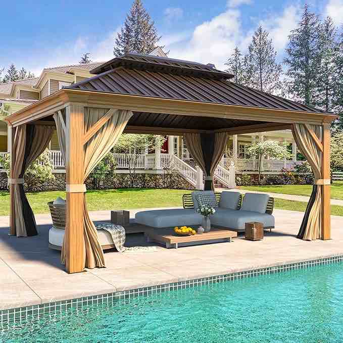 INCOMPLETE * missing boxes *Gazebo, Wooden Finish Coated Aluminum Frame Gazebo with Galvanized Steel Roof, Outdoor Metal Gazebos with Curtains and Nettings for Patio, Backyard, Deck 