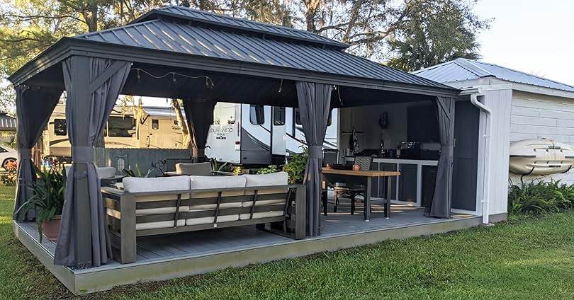 INCOMPLETE * missing boxes *Gazebo 10x12, Aluminum Frame Canopy with Double Galvanized Steel Roof, Outdoor Gazebo with Breathable Netting and Privacy Curtain for Backyard
