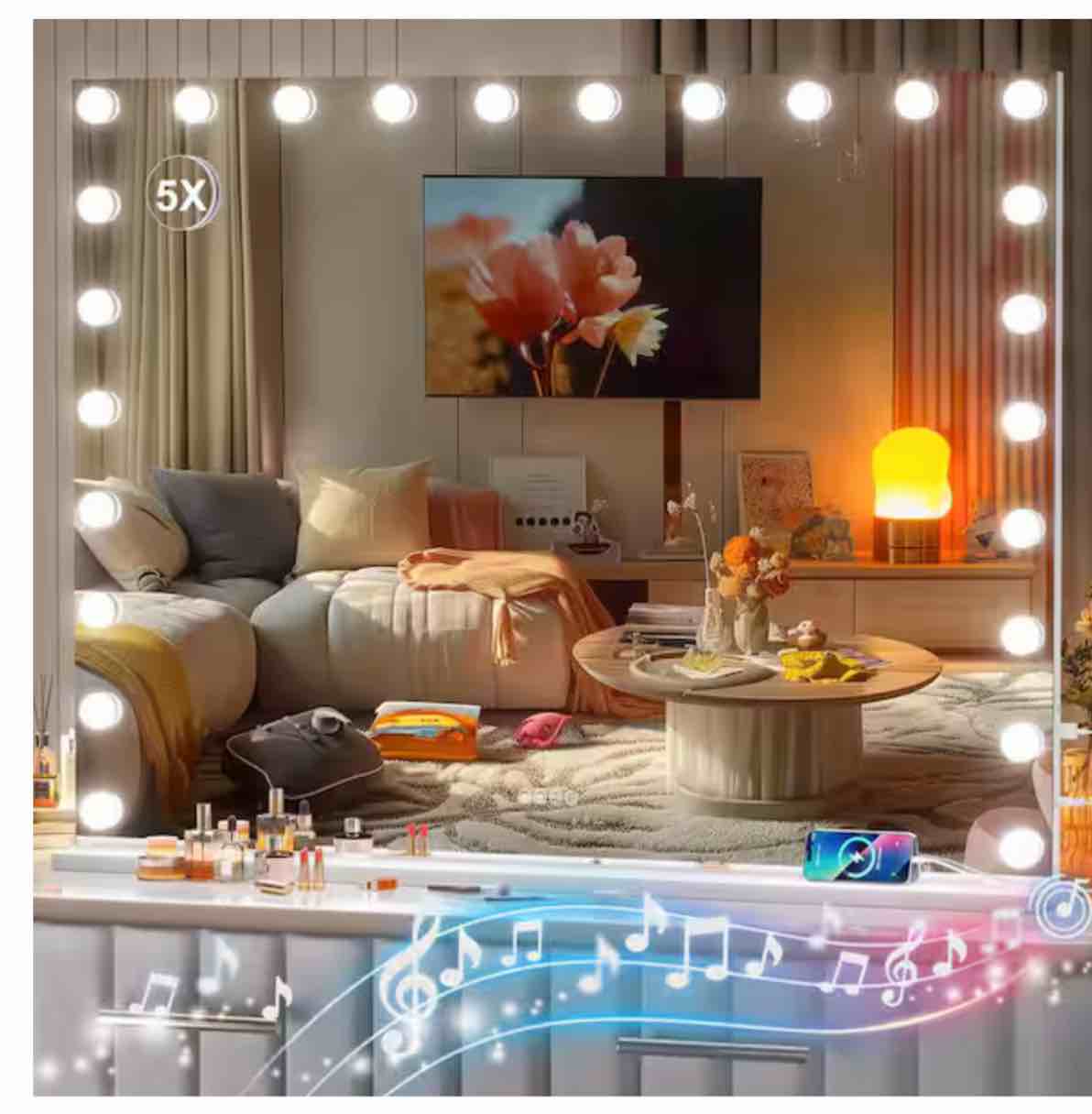 47 in. W x 35 in. H White Rectangle Framed Vanity Mirror with Lights and Bluetooth Speaker, LED Makeup Mirror