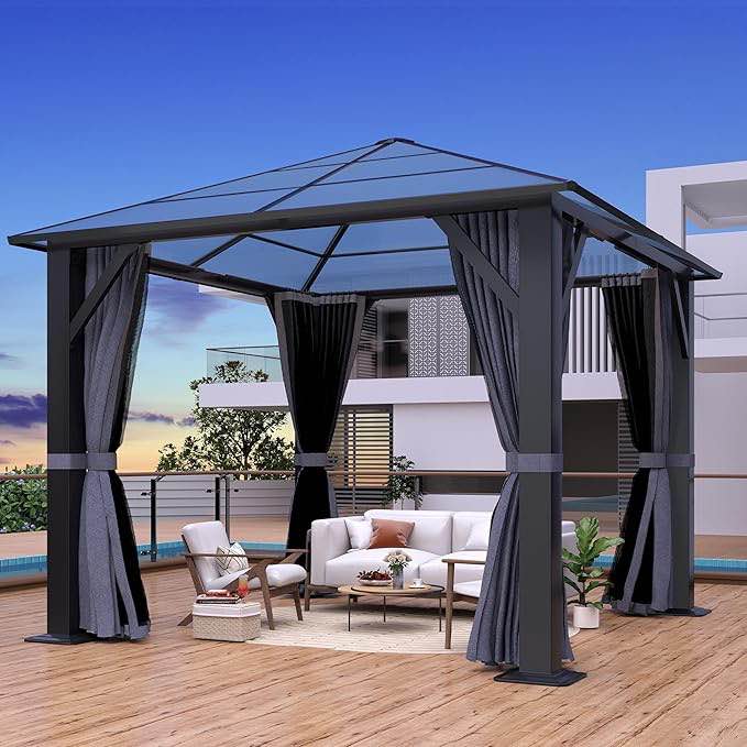INCOMPLETE *missing  boxes *9.5'x9.5' Outdoor Hardtop Gazebo, Patio Gazebo with Translucent Roof, Polycarbonate Top Metal Frame Garden Tent with Breathable Mesh and Privacy Curtains for Patio Lawn Garden Backyard, Gray