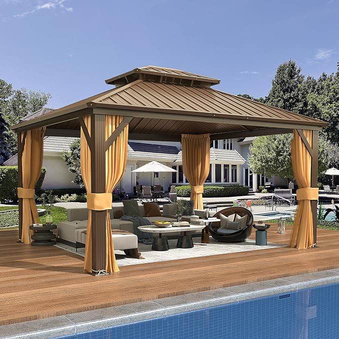 INCOMPLETE * missing boxes *Hardtop Gazebo, Aluminum Frame Gazebos with Galvanized Steel Double Roof, Permanent Outdoor Metal Pavilion with Curtain and Netting for Patio, Lawn, Deck