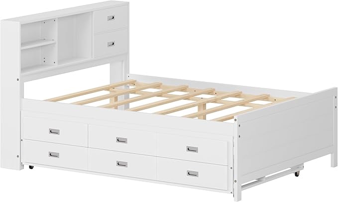 INCOMPLETE missing box 2*Space-Saving Trundle Bed Frame with Three Drawers, No Box Spring Needed, Solid Wood and MDF, White Finish