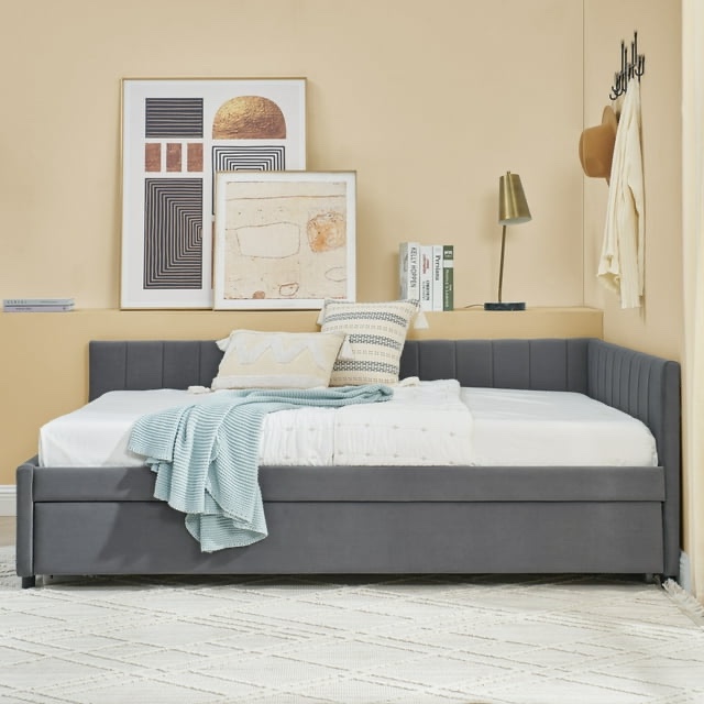 Full Size Upholstery Daybed with Trundle, Full Sofa Bed with Wood Slat Support, Linen Fabric Sofa Bed Frame for Living Room and Bedroom, No Box Spring Required, Grey