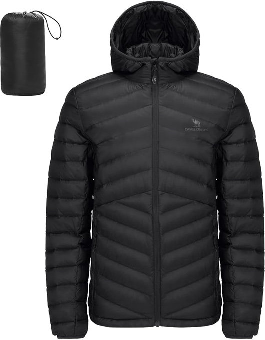 CAMEL CROWN Men's Packable Down Jacket Hooded Lightweight Puffer Insulated Coat for Travel Outdoor Hiking