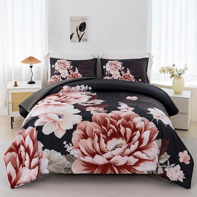 RYNGHIPY Floral Comforter Set King Size Botanical Flowers Leaves Bedding Comforter Sets Lightweight Fluffy Bed Set Pillowcases (Black Grey,King Size) Visit the RYNGHIPY Store