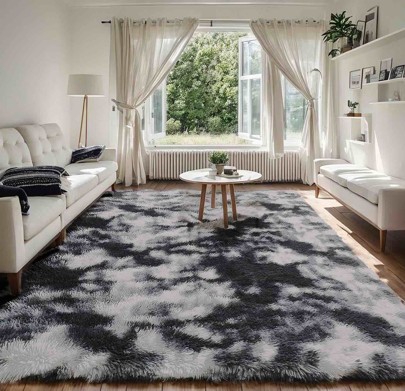 Poboton Machine Washable Upgrade 6x9 Rugs for Living Room, Black&Grey, Big Rug, Fluffy Shaggy Soft Area Rug, Non-Slip Indoor Floor Carpet for Bedroom, Kids Baby Boys Teen Dorm Home Decor, Nursery