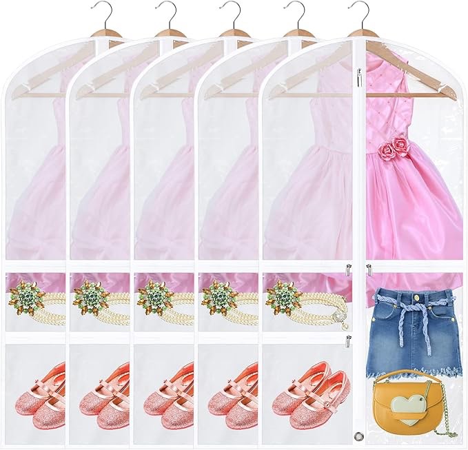 5 Pcs Costume Dance Garment Bag with 3 Clear Zipper Pockets for Suits Dress Cover, Travel & Competitions Protector(White)