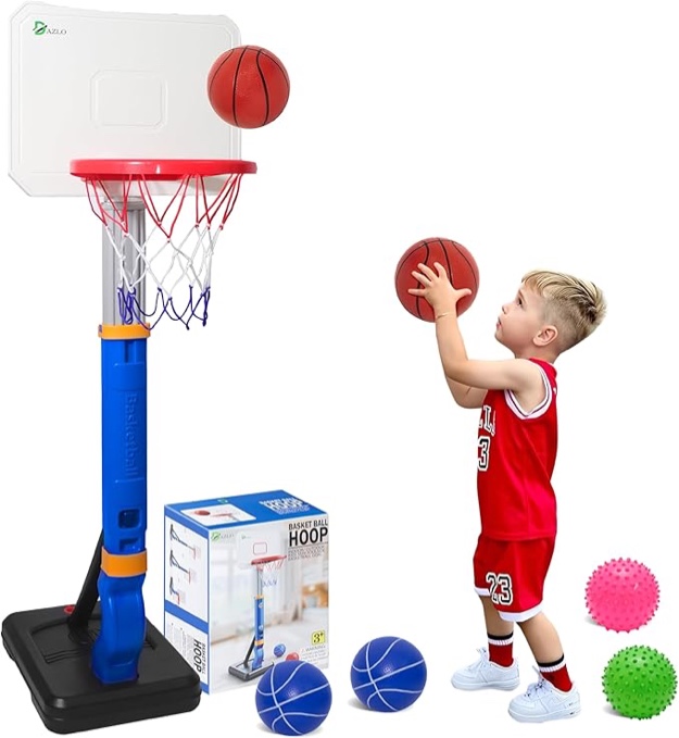 Toddler Basketball Hoop with Adjustable Height (27.6" to 54.4") – Kids Basketball Hoop Including 4 Basketballs, 2 Sensory Balls, Stickers & Inflator – Indoor/Outdoor Play for Ages 3-12