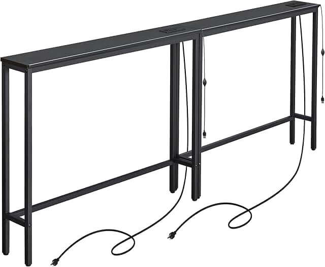 ELYKEN 2 Pack 5.9" Narrow Console Sofa Table with 7 Colors LED Light Strip, 5.9" Dx39.4”Wx31.1”H Long Behind Couch Table with Charge Station, Skinny Table Metal Frame 6.5’ Extension Cord