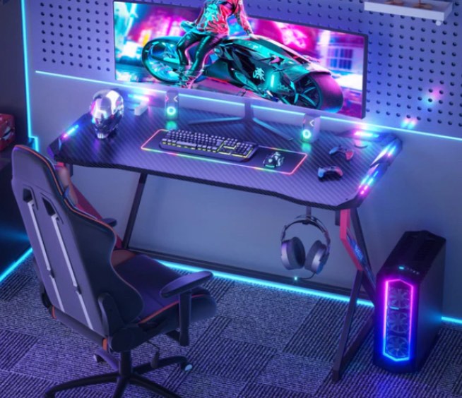 TIQLAB Small Gaming Desk with LED Lights, 40 Inch Computer Desk for Home Small Space, Gaming Table with Carbon Fiber Surface, PC Gamer Desk for Kids Boys Men, Black