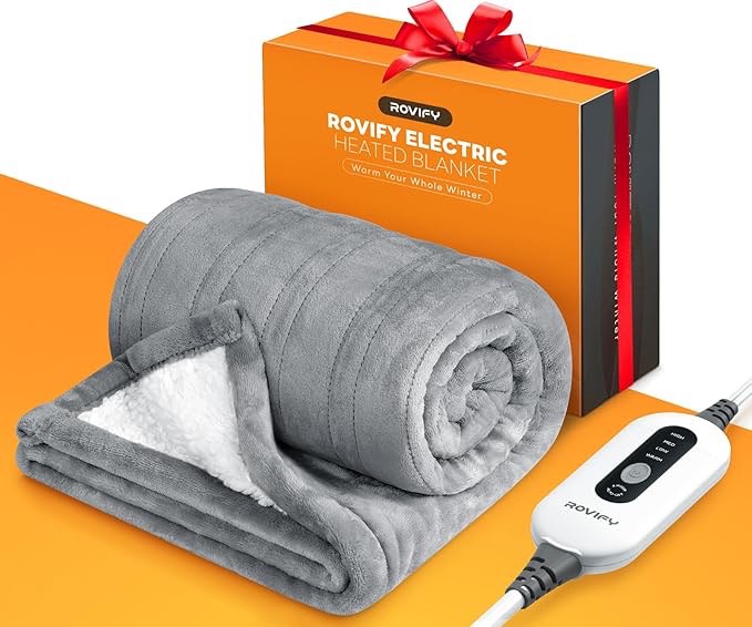 2X Warmth Heated Blanket w/Lager Dense Area, Ultra Soft Safe Electric Blanket Throw w/Flannel Sherpa, 4 Levels Instant Heating Blanket 10H Auto-Off, Washable Blanket UL Certified Grey Queen 84" x 90"