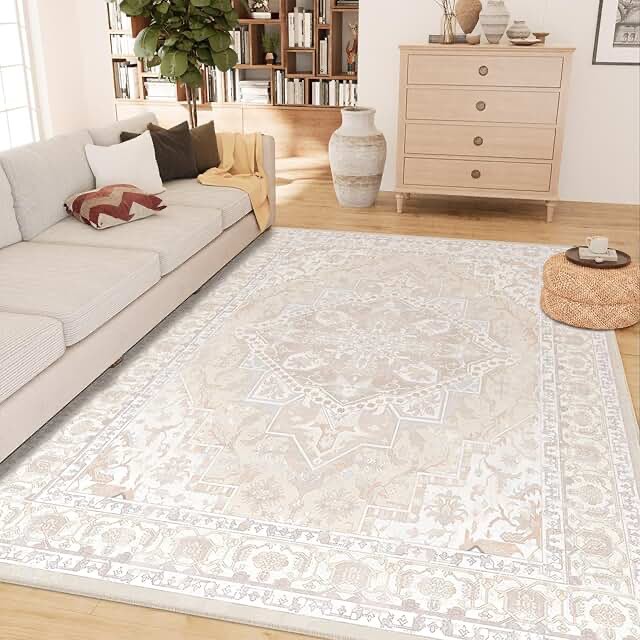 Area Rug 8x10 Boho Area Rugs Print Machine Washable Rug Vintage Distressed Stain Resistant Soft Carpet Rugs Non Slip Low Pile Water Repellent for Living Room Bedroom Cream/Beige