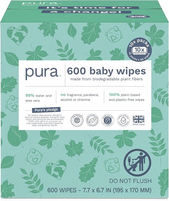 Pura Natural Sensitive Baby Wipes, 99% Water, Unscented & Hypoallergenic, Suitable for Sensitive & Eczema-prone Skin, Hypoallergenic, EWG Verified, 10 Pack of 60 Wet Wipes (600 Diaper Wipes)
