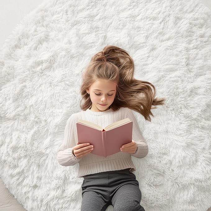OLANLY Ivory Round Rugs for Bedroom - Machine Washable, 5x5 Feet Circle Area Rugs for Living Room, Soft and Fluffy Shaggy Carpet for Teen Girls and Boys, Dorms, Nursery Rooms, Home Decor Aesthetic