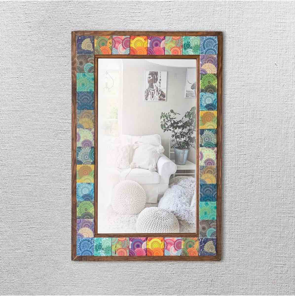 Mosaic Stone Wall Mirror, Decorative Mirror with Wooden Frame, Living Room Console Height Mirror Wall Mirror
