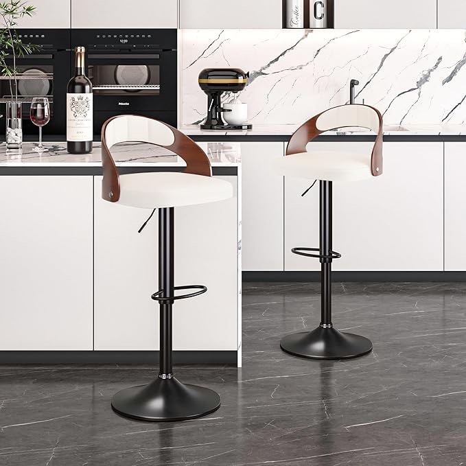 VECELO Bar Stool Set of 2, Counter Height Stools with Bentwood Back,Arm&Footrest, PU Leather Cushion Seat Adjustable Height Swivel Barstools for Club Pub,Kitchen Island and Dining Room,Creamy White