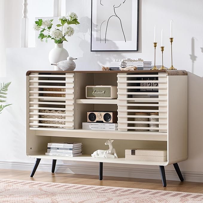 RedLemon 46" Entryway Table with Slatted Sliding Door, Mid Century Modern Console Table w/Adjustable Storage Shelf, Wood Sofa Table Behind Couch for Hallway, Living Room, Foyer, Antique White