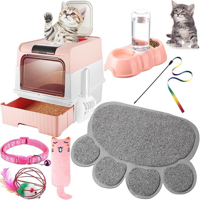 Tioncy 7 Pcs Small Cat Kitten Starter Kit Cat Litter Box with Shovel Cat Paw Litter Mat Double Automatic Cat Bowls Cat Toy Teaser Stick Cat Collar Essentials Kits for 1-3 Lbs Beginner (Pink)