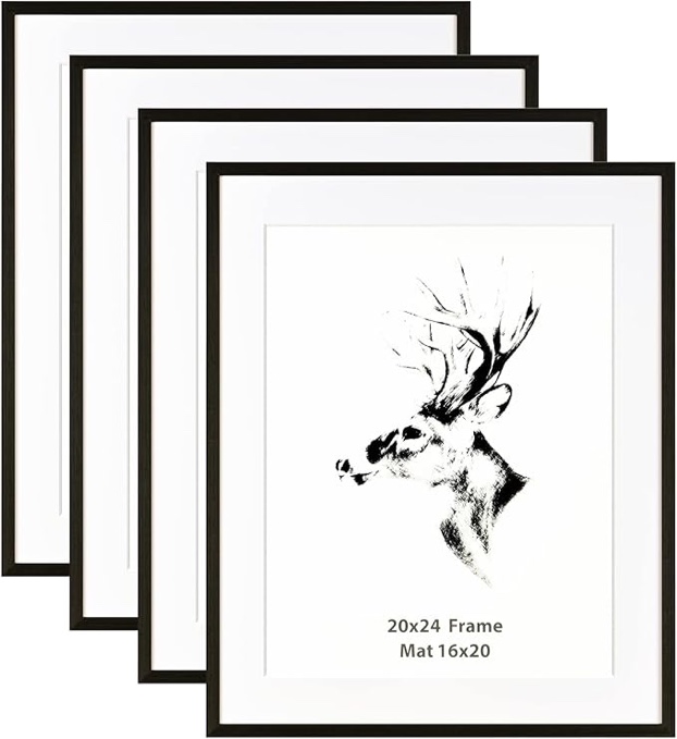 Yaetm 20x24 Black Picture Frame with Mat for 16x20 Set of 4, Solid Wood Poster Frame 20 x 24 inches, Wall Gallery Photo Frames for Horizontal and Vertical Wall Mounted (4 pack, Anthracite Black)