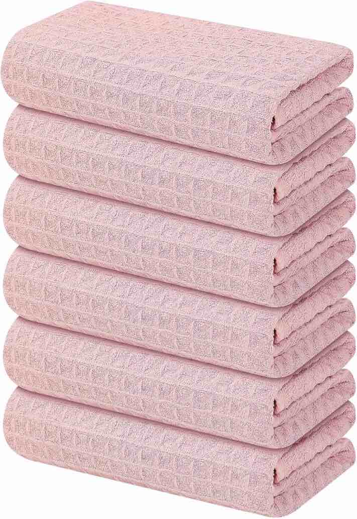 Homaxy Premium Microfiber Waffle Weave Kitchen Towels, 16 x 28 Inch Ultra Absorbent and Solid Color Dish Towels, 6 Pack, Pink