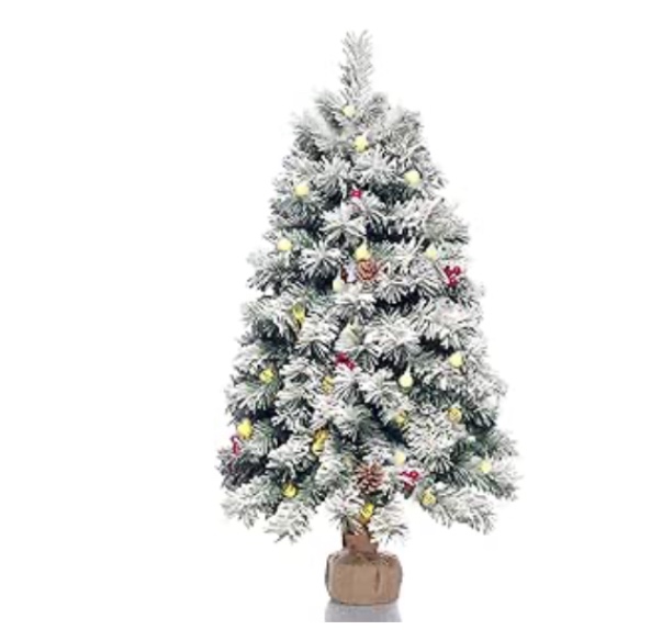 Pre-Lit Artificial Christmas Tree 3ft,Snow Flocked Xmas Pine Tree Decorated with 70 LED Lights,140 Branch White Snow Tips,7 Real Pine Cones, 10 Red Berries Christmas Snow Tree for Desktop White+green 35 inch