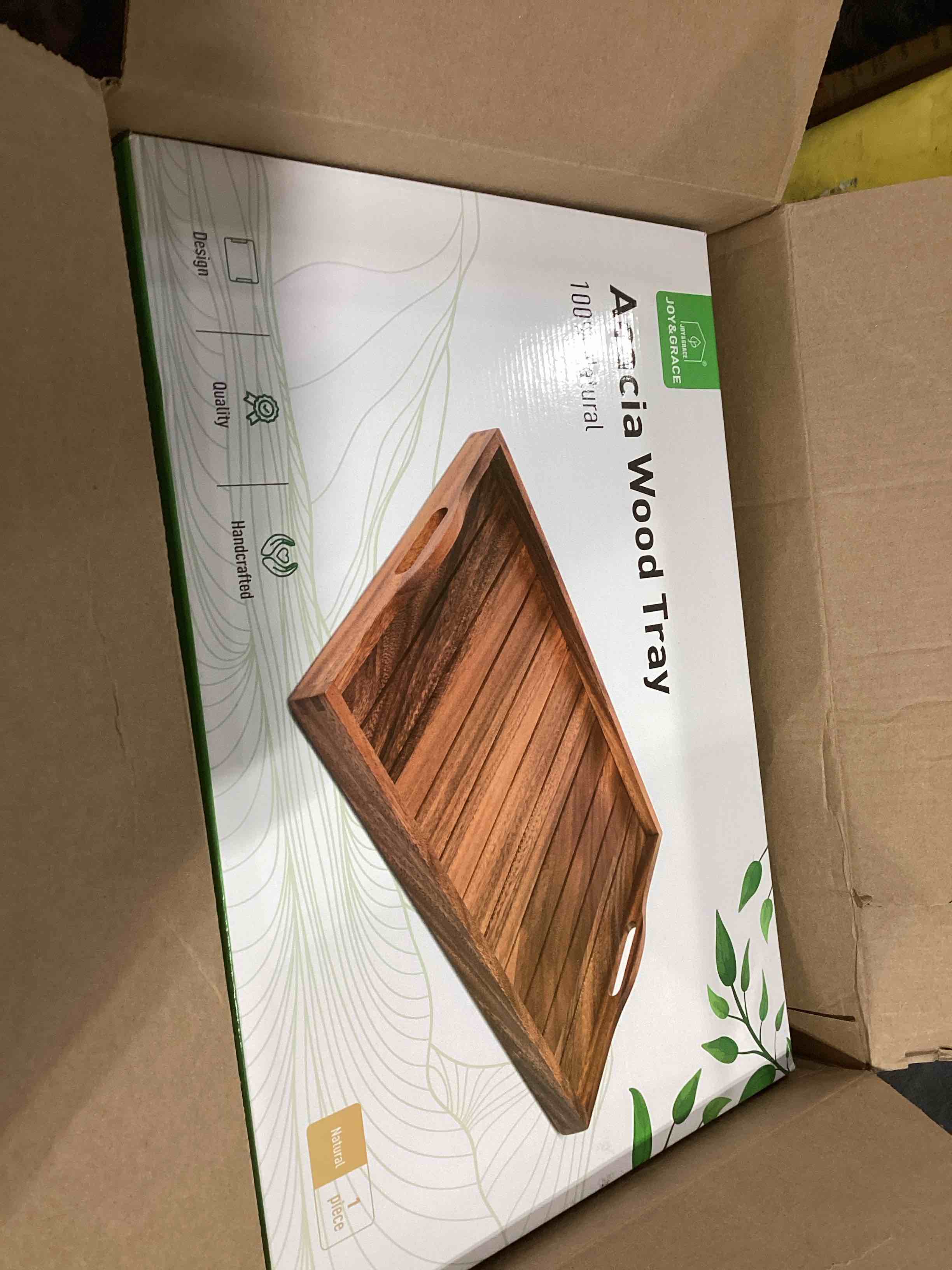 Condition photo showing Good Condition for Large Acacia Wooden Serving Tray with Handles 20 x 14 inch Decorative Coffee Table Ottoman Tray for Living Room Extra Large for Kitchen Dinner Food Bar Breakfast in Bed (Color Natural) 20" x 14" x 2.4" Natural Wood