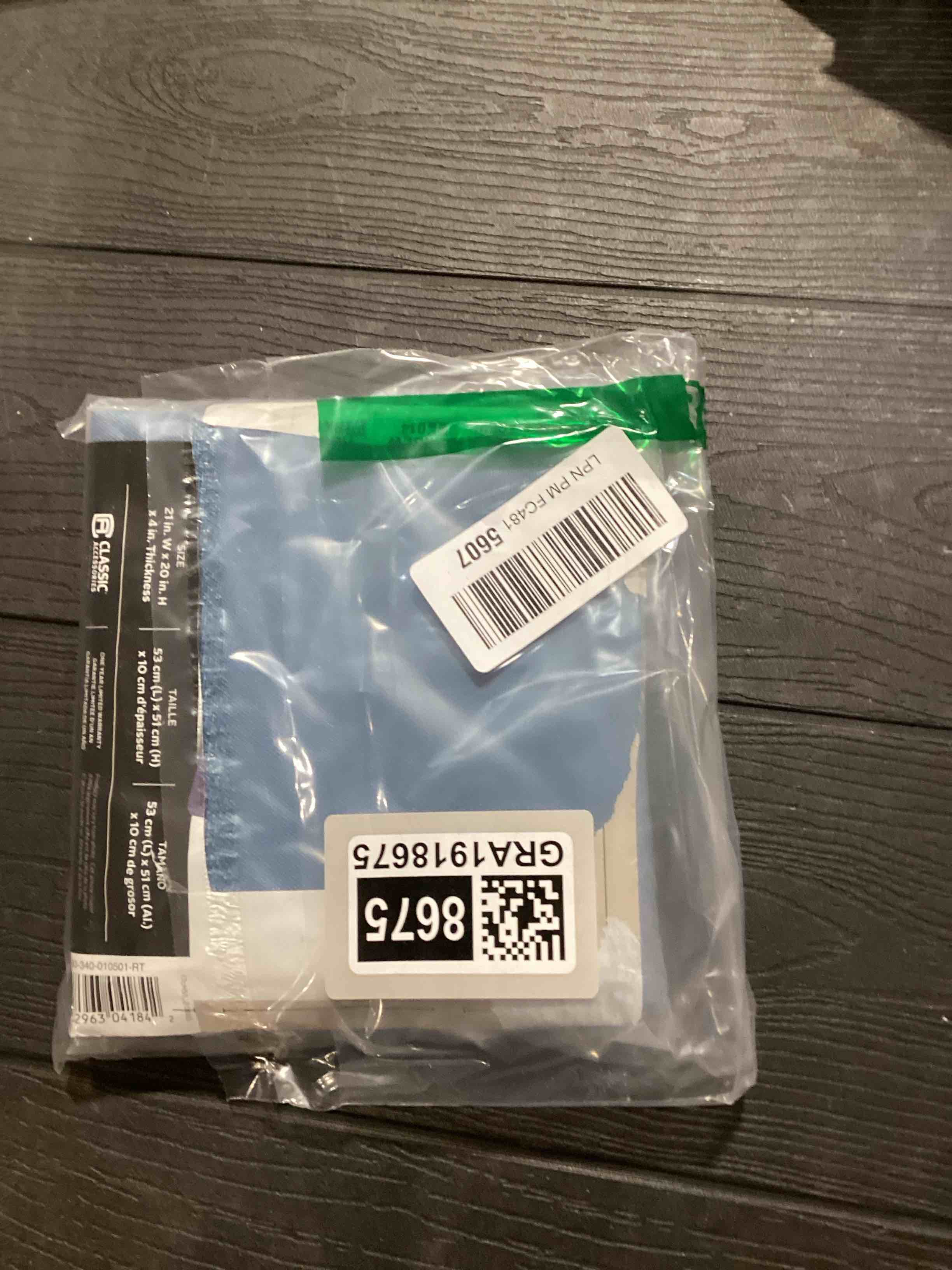 Condition photo showing New/Like New for Classic Accessories Ravenna Water-Resistant 21 x 20 x 4 Inch Outdoor Back Cushion Slip Cover, Patio Furniture Cushion Cover, Empire Blue, Patio Furniture Cushion Covers 21"W x 20"H x 4"Thick Empire Blue