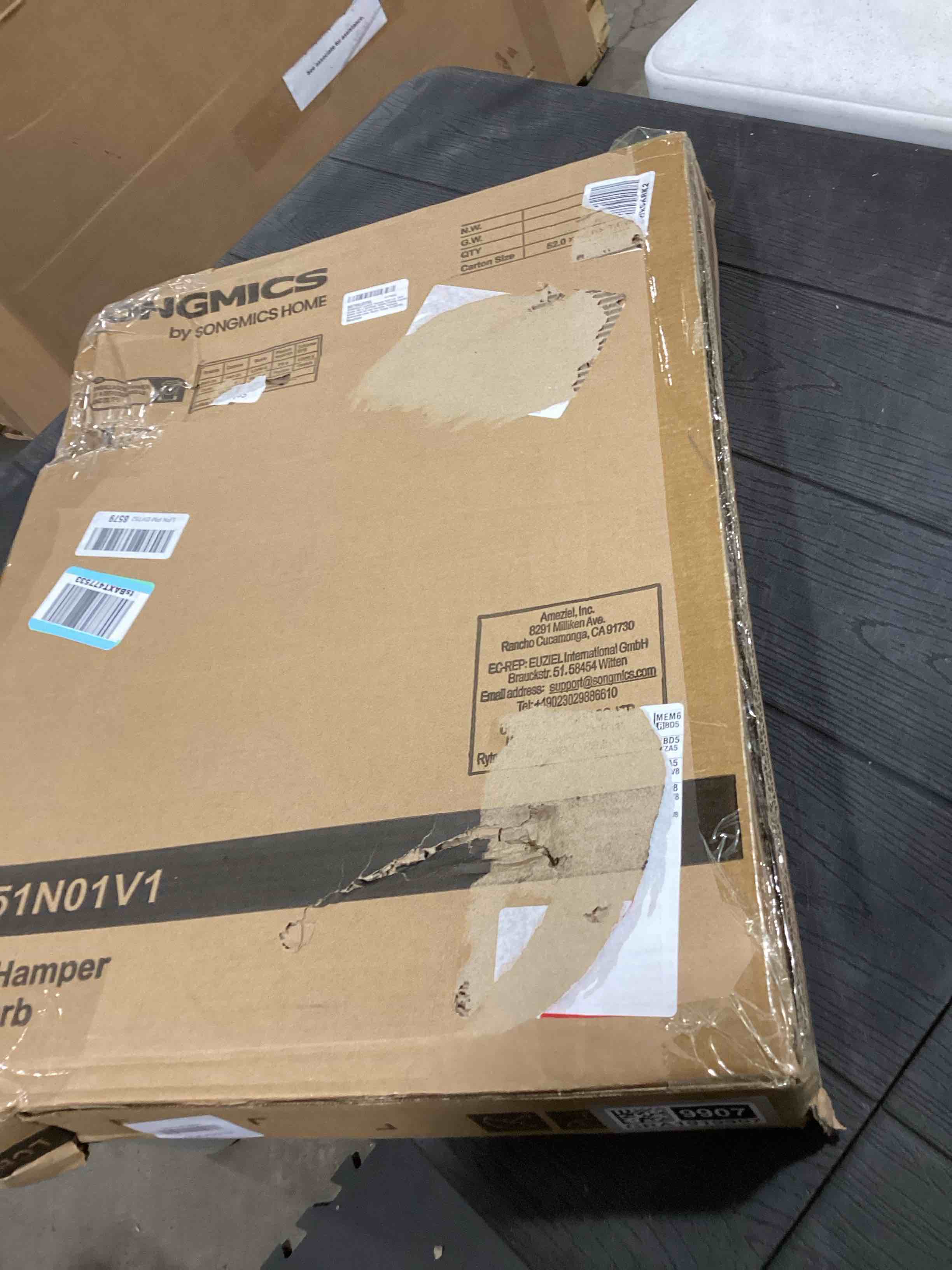 Condition photo showing As Is for SONGMICS Laundry Hamper with Lid, 23.8 Gallon (90 L) Synthetic Rattan Clothes Laundry Basket with Lid and Handles, Foldable, Removable Liner, Goose Yellow ULCB51NL Goose Yellow 90 L